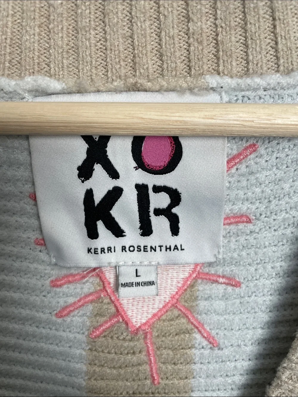 Kerri Rosenthal Striped V-Neck Button Pockets L Cardigan Pink Accents Sweater